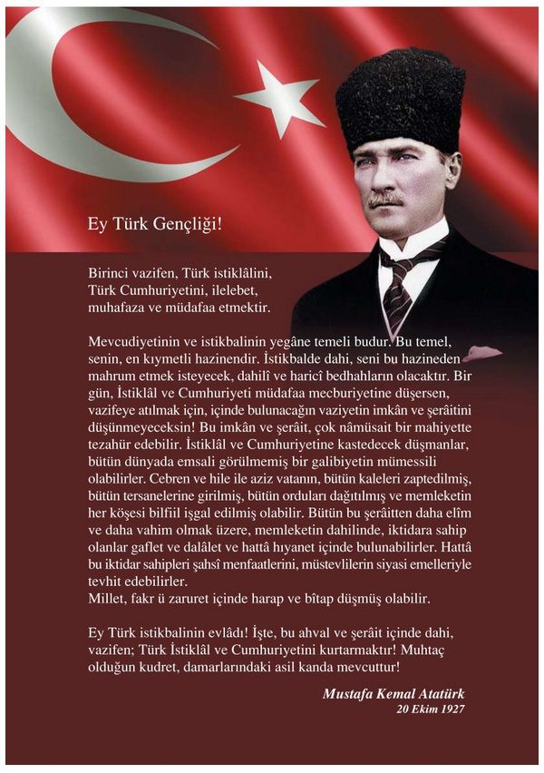 Mustafa Kemal Atatürk'ün Gençliğe Hitabesi metni, yüksek çözünürlüklü görsel